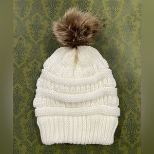 White Classic Knitted Beanie With Pom-Pom